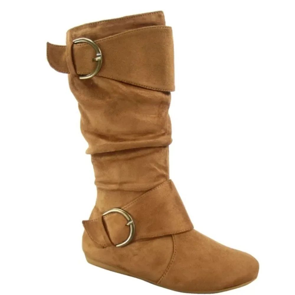 LINK ZIPPER BUCKLE SLOUCH CASUAL FLAT HEEL MID CALF ROUND TOE BOOTIES